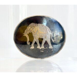 Hand Carved Elephant  Siam Sterling Silver Vintage Nielloware Brooch